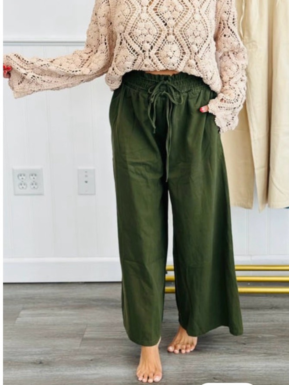 entro Olive Green Drawstring Wide-Leg Pants